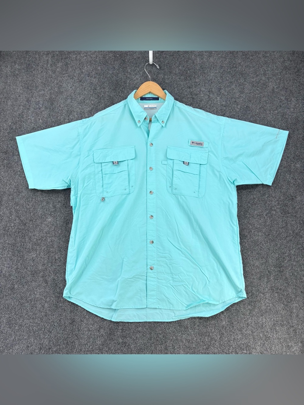 Columbia Bahama PFG Omni Shade Aqua Blue Short Sleeve Button Up Men’s L Fishing
